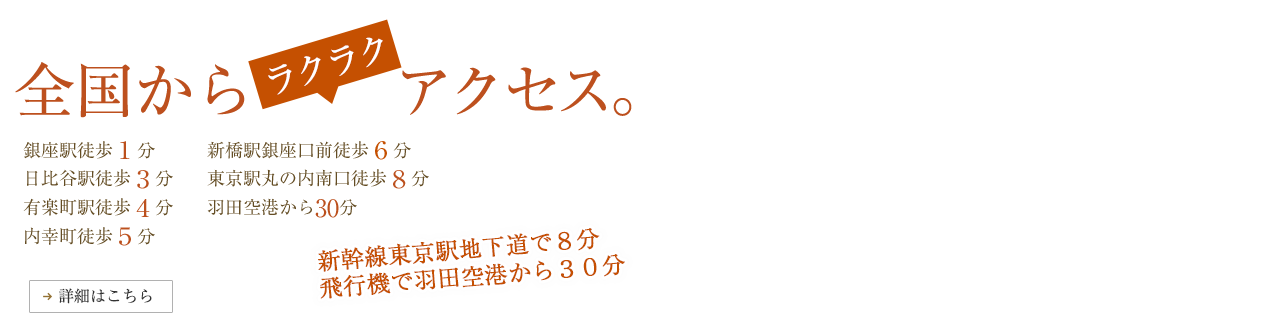 全国からラクラクアクセス。　銀座駅徒歩1分　日比谷駅徒歩3分、有楽町駅徒歩4分、内幸町駅徒歩5分、新橋駅銀座口前徒歩6分、東京駅丸の内南口徒歩8分、羽田空港から30分